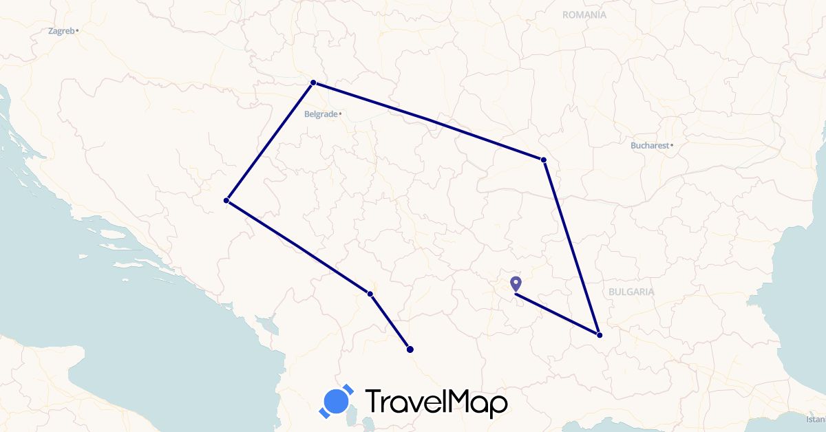 TravelMap itinerary: driving in Bosnia and Herzegovina, Bulgaria, Macedonia, Romania, Serbia, Kosovo (Europe)